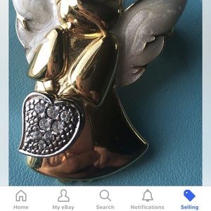 1980’s Gold-tone ANGEL BROOCH Rhinestone Silver-Tone Heart-Cream ENAMEL WINGS